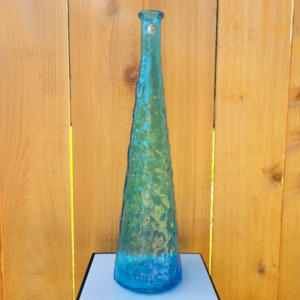 💙 VTG Empoli Italy Teal Blue Crinkle Genie Bottle Decanter 16.5" No Stopper